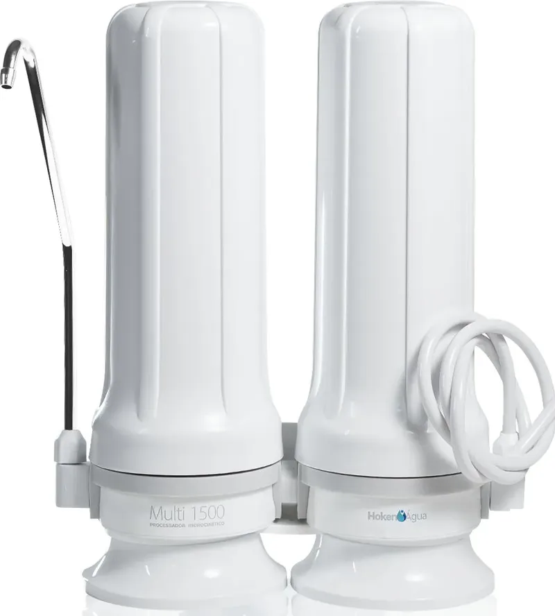 Purificador Hoken Multi-1500, com dois filtros brancos lado a lado e bica cromada